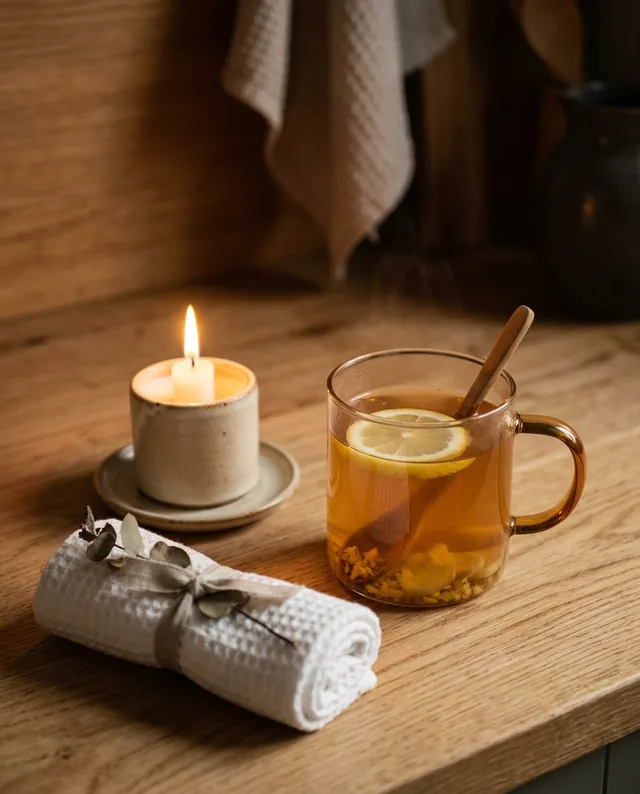 Lilin menyala, segelas teh jahe dengan irisan lemon, dan handuk kecil terlipat di atas meja kayu