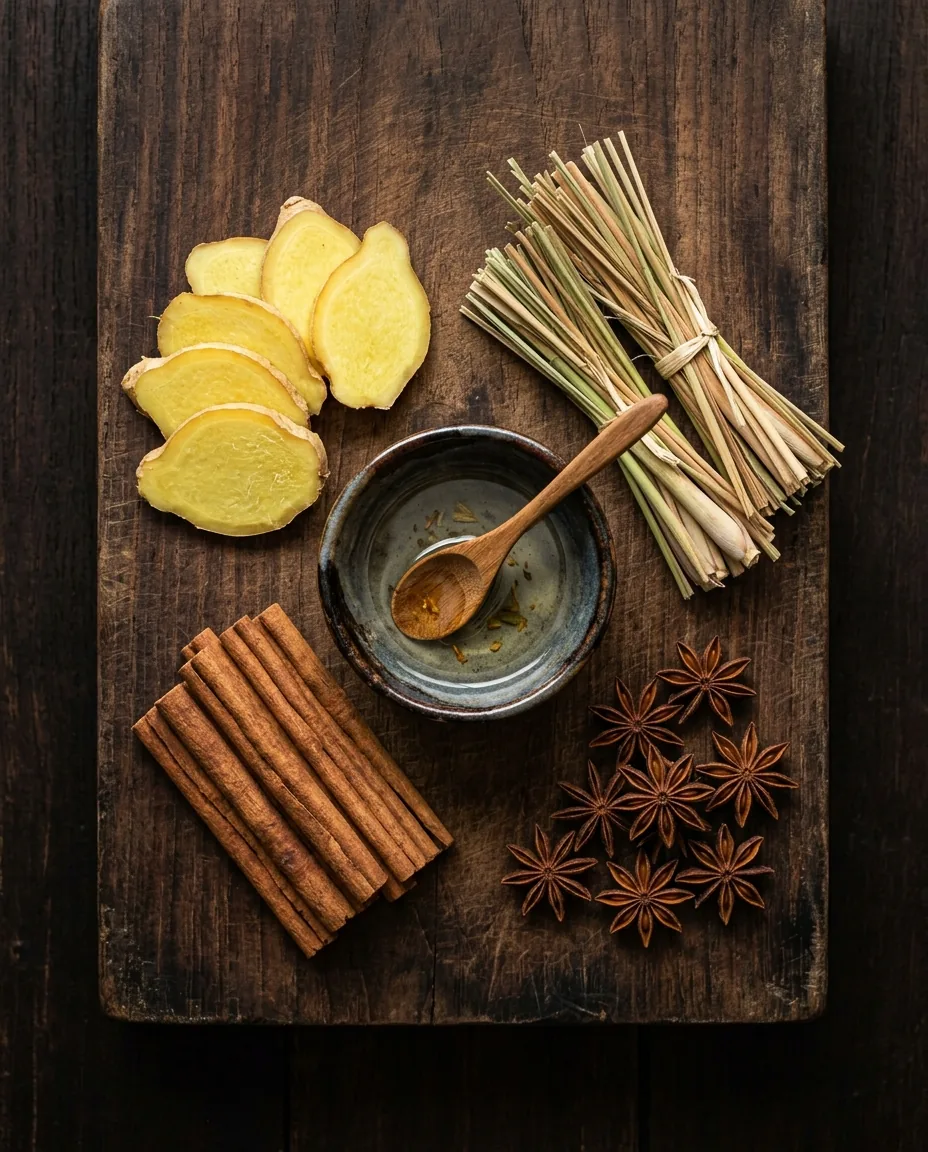 Rempah herbal di atas meja: jahe, sereh, kayu manis, dan mangkuk kecil