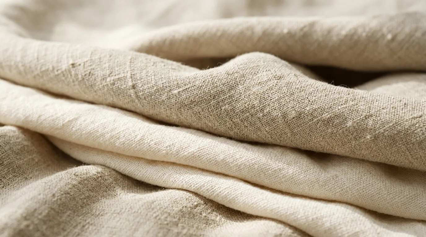 Kain linen putih bersih dengan lipatan rapi, dilihat dari dekat